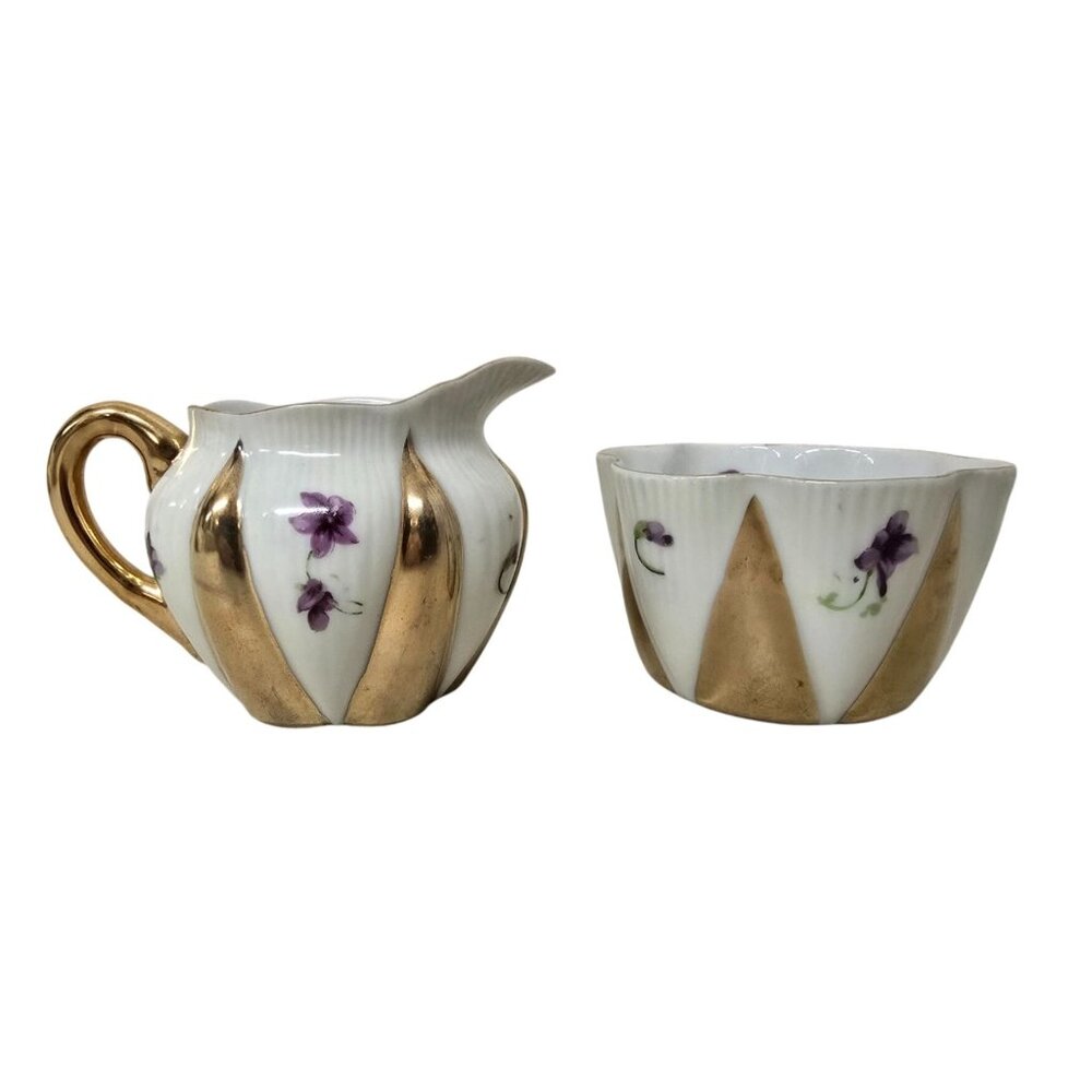 Vintage Saji Japan Fancy China Creamer & Sugar Bowl Gold w/ Purple Floral